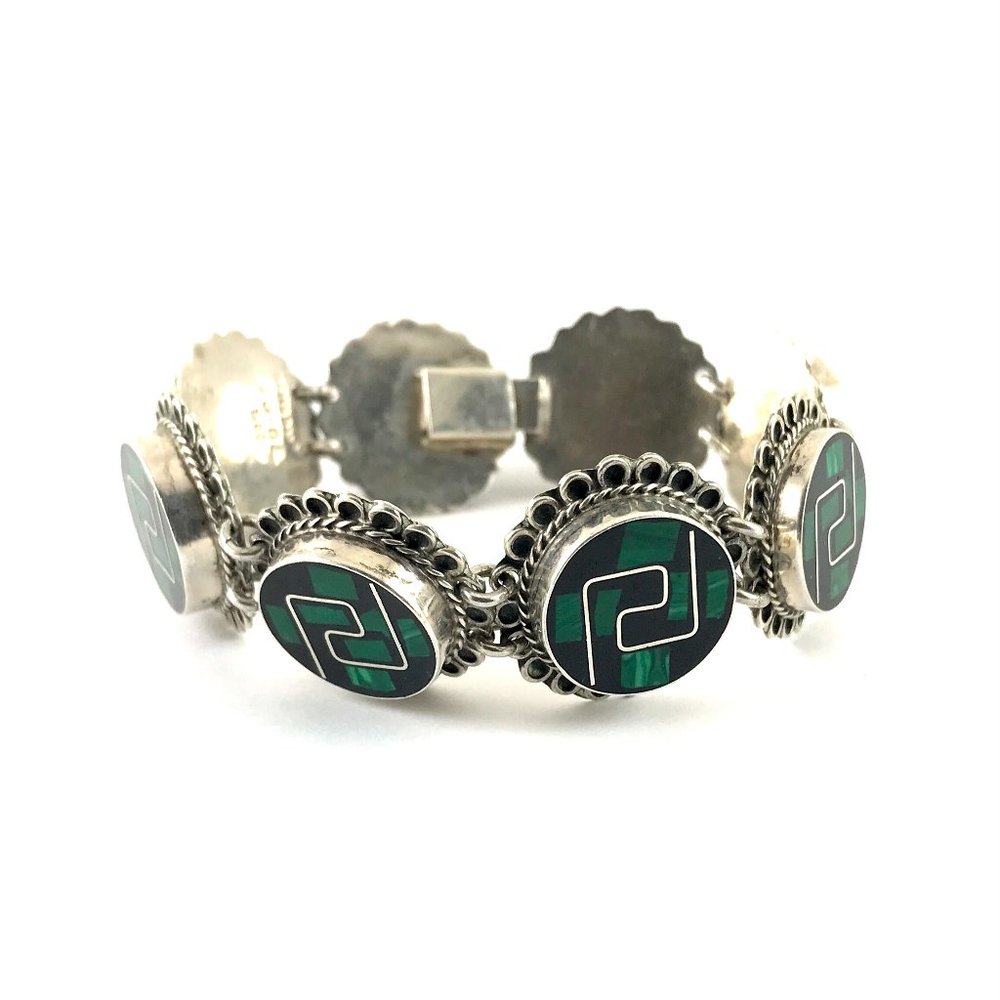 Vintage Mexico TO-68 Sterling Silver 925 Malachite Bracelet